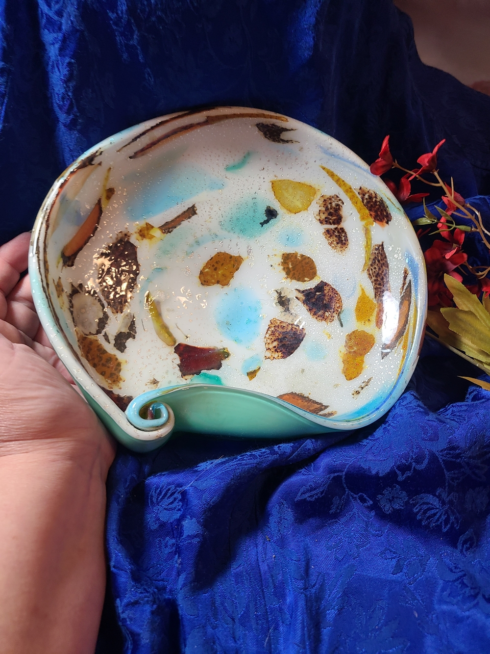 Antique Turquoise White Ceramic Decorative Bowl with Gold and Brown Accents - Picture 1 of 9